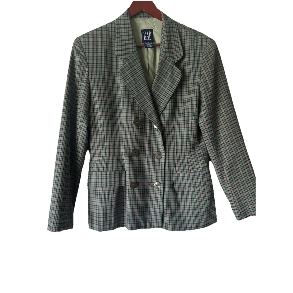Vintage GAP Double Breasted Plaid Blazer 100% Cotton Women's Size 10 Green